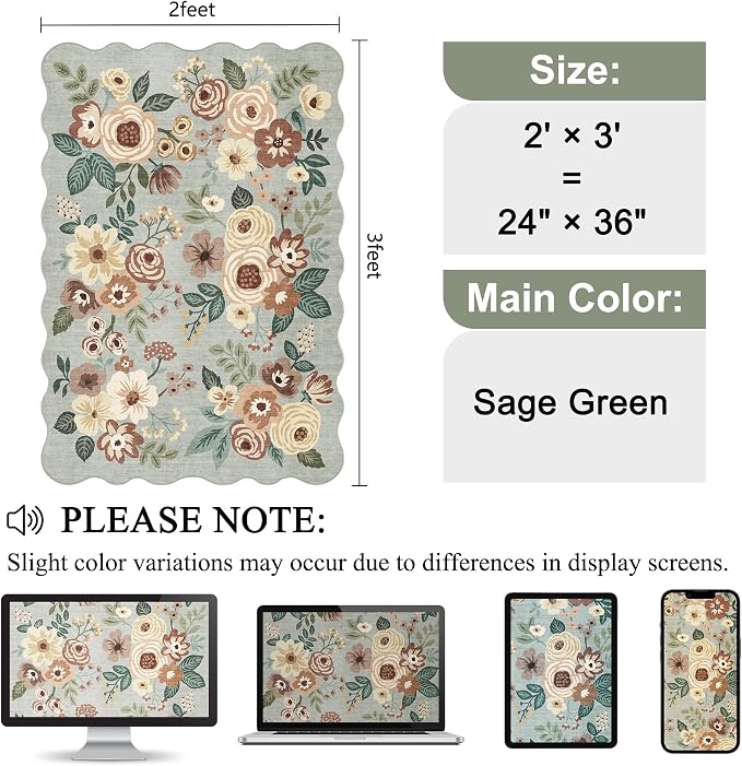 DUKINO 2x3 Rug for Entryway, Floral Door Mat Washable Rug, Sage Green | Non Slip - Image 2