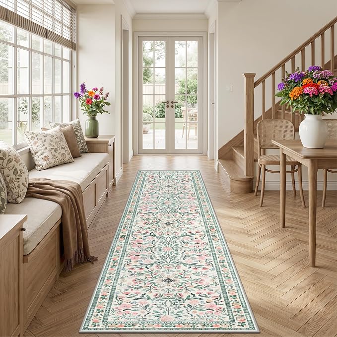 PLHXFR 2.6x10 Washable Runner Rug：Floral Indoor Kitchen Carpet Green Beige | - Image 3