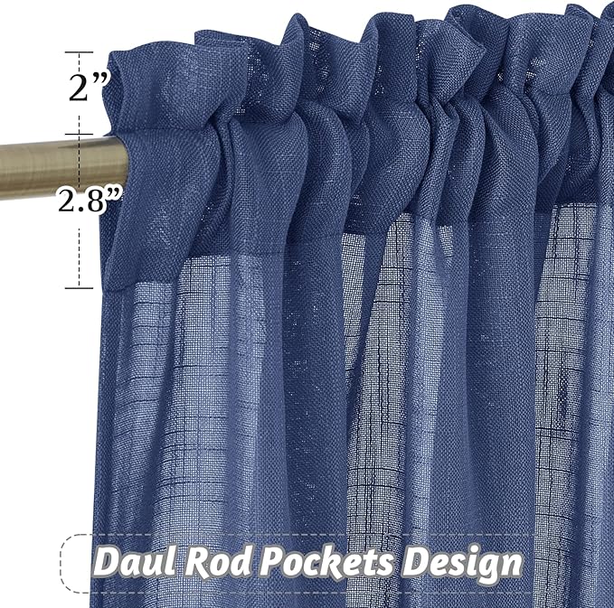RYB HOME Semi Sheer Curtains - Linen Textured Sheer Light Glare Filter Extra Long Curtains Backdrop for Living Room Patio Door French Door Wall Decor, Navy Blue, 52 x 120 in per Panel, 1 Pair