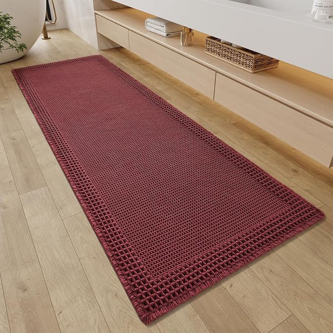 RESARE Waffle Bathroom Runner Rugs, Non Slip Boho Bath Mat 24"x72" Dark Red | by Resare