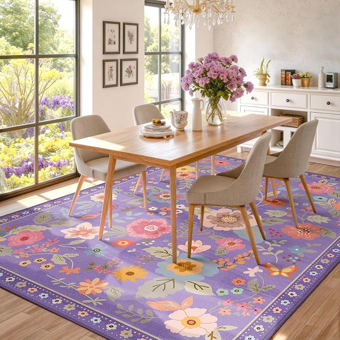 RELEANY Floral Washable 9x12 Area Rugs Purple/Pink | Flower Carpet Print Boho - Image 8