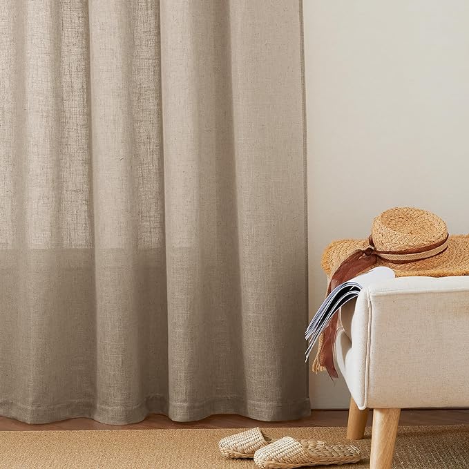 RYB HOME Linen Curtains for Windows - Airy Semi Sheer for Bathroom Kids Room Doorway, Privacy Assured Home Decor Elegant Shabby Chic, 52 inch Width x 102 inch Length, Khaki, 2 Panels Set