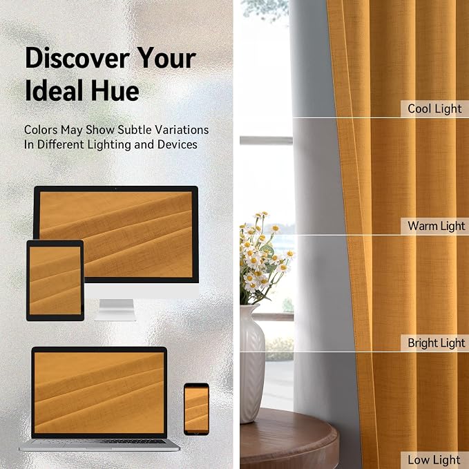 100% Blackout Linen Textured Curtains 84 Inch Long, Mustard Yellow | 100% - Image 7