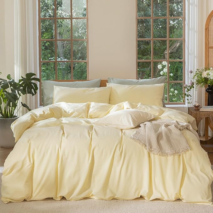 MooMee Bedding Duvet Cover Set 100% Washed Cotton Linen Like Textured Breathable Durable Soft Comfy (Heathered Butter Yellow, Twin 68"x90")