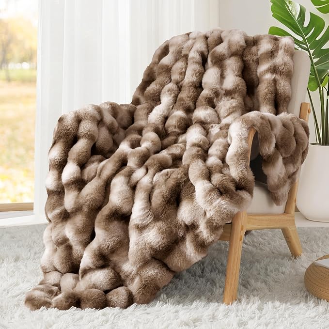 Luxury 1000GSM Faux Rabbit Fur Throw Blanket, Super Heavy Warm Cozy Brown - Image 7