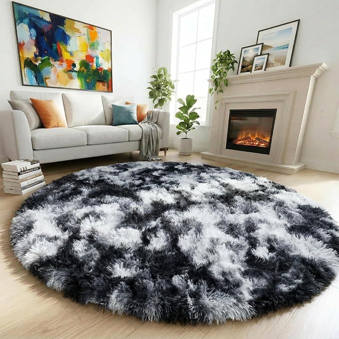 Amdrebio Black White Grey Plush Round Area Rug 6Ft by Amdrebio