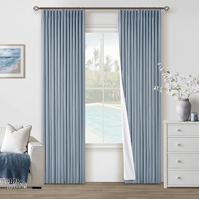 Dusty Blue Pinch Pleated 100% Blackout Linen Curtains 84 Inch Long 2 Panels | by Twodrapes