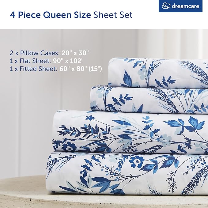 DREAMCARE Queen Size Sheets - Floral Sheets Queen Size Bed Set - 4pcs Queen Sheet Set - Cooling Bed Sheets - Queen Size Sheet Sets - Soft & Long Lasting 100% Brushed Floral Bed Set - Floral Blue