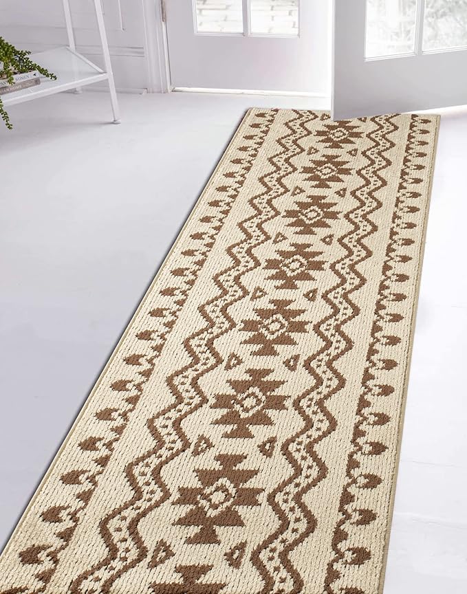Custom Length Cut to Size Tribal Ethnic Southwestern Inspired Hallway Runner Rug, Non Slip Rubber Backed, 31 inch Wide X Customized Length, Aztec Beige, 31 inch X 22 feet