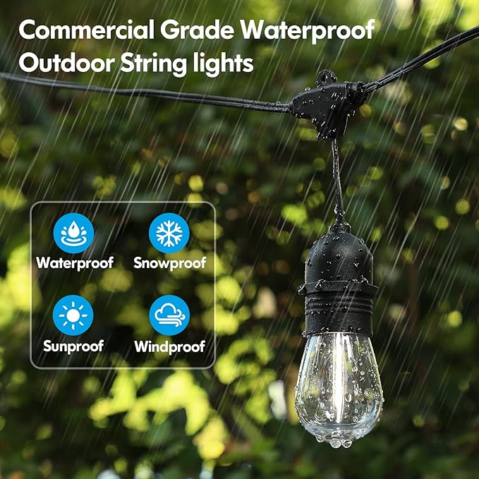 Lakumu 48FT LED Outdoor String Lights for Patio with Waterproof Shatterproof E12 S14 Edison Bulbs 5000K Daylight White Dimmable Linkable Hanging Light Strings for Deck Pergola Bistro Cafe Balcony Bar