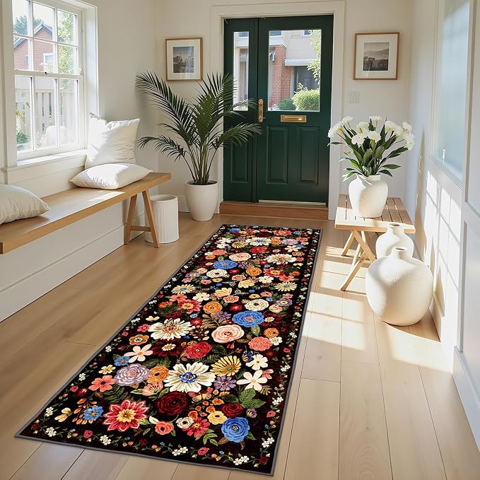 Black Brown Floral Hallway Runner Rug 2x8 - Image 2