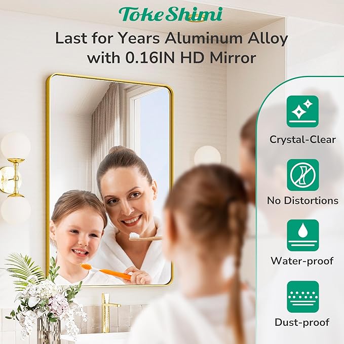 TokeShimi 24x32 Brushed Gold Bathroom Mirror,Bathroom Vanity Mirror with Tempered Glass,Shatterproof Vanity Wall Mirror for Bathroom with Aluminum Frame(Horizontal/Vertical)