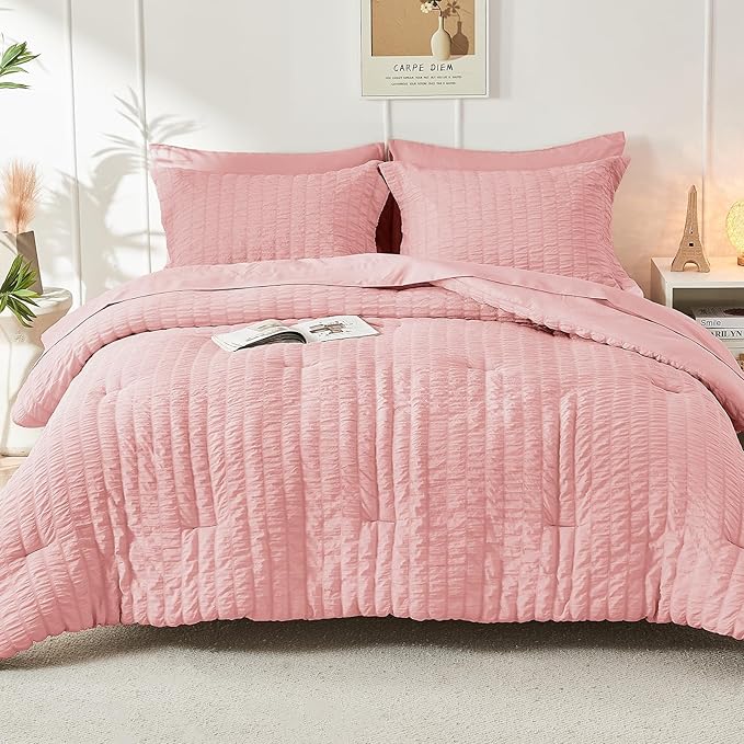HYMOKEGE Rose Pink King Size Comforter Set Seersucker 7 Pieces, All Season Luxury Bed in a Bag for Bedroom, Bedding Set with Comforter, Sheets, Pillowcases & Shams