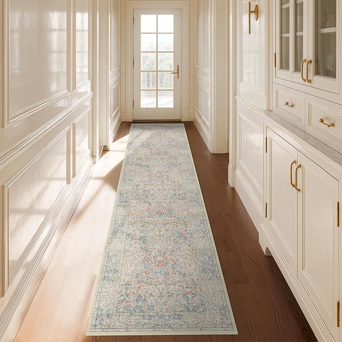 Washable Beige Blue 2x10 Runner Rug by HazoHaus