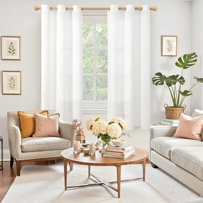 YoungsTex White Linen Semi Sheer Curtains 63 Inch Length 2 Panels, Grommet - Image 2