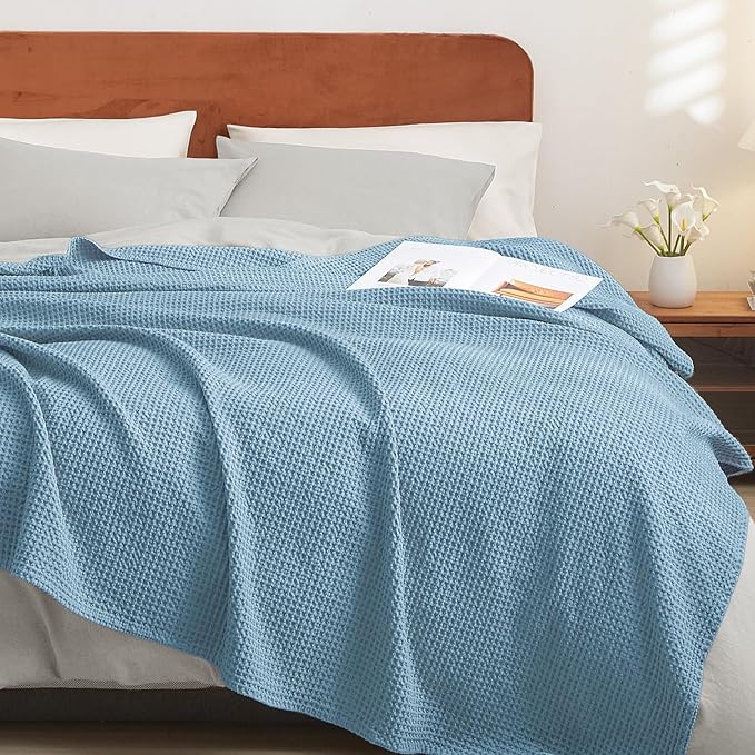 PHF Pre-Washed Cotton Waffle Weave Blanket Throw Size for Couch Bed,Snag Proof for Spring Summer Lightweight Breathable,Oeko-TEX Certified,Machine Washable, Home Decor Gift，Dusty Blue