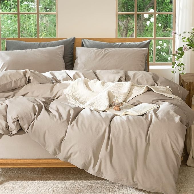 MooMee Bedding Duvet Cover Set 100% Washed Cotton Linen Like Textured Breathable Durable Soft Comfy (Heathered Taupe, Oversized Queen 98"x98")
