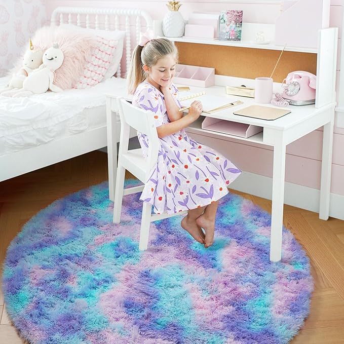 Amdrebio Purple Rainbow Mermaid Shag Round Rug 5Ft - Image 4
