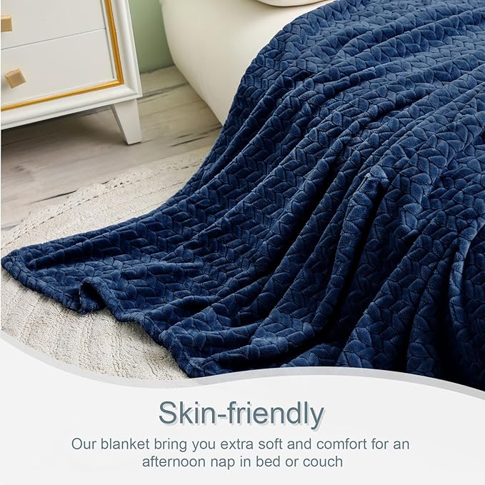 Exclusivo Mezcla Fleece Throw Blanket for Couch, 50x70 Inches Soft Cozy Jacquard Flannel Blankets, Lightweight Fuzzy Plush Warm Throws for Winter, Navy Blue