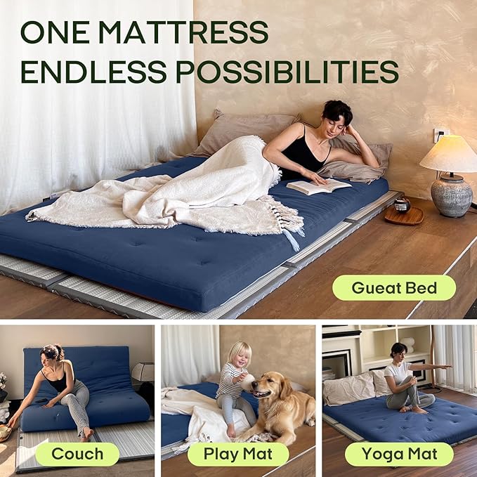ZonLi Japanese Floor Futon Mattress Full Size 75"x 54", 100% Cotton Cover 2.5'' Thicken Tatami Mattress, Foldable Sleeping Pad, Portable Dormitory Tatami Mat, Roll Up Floor Lounger Bed for Adult