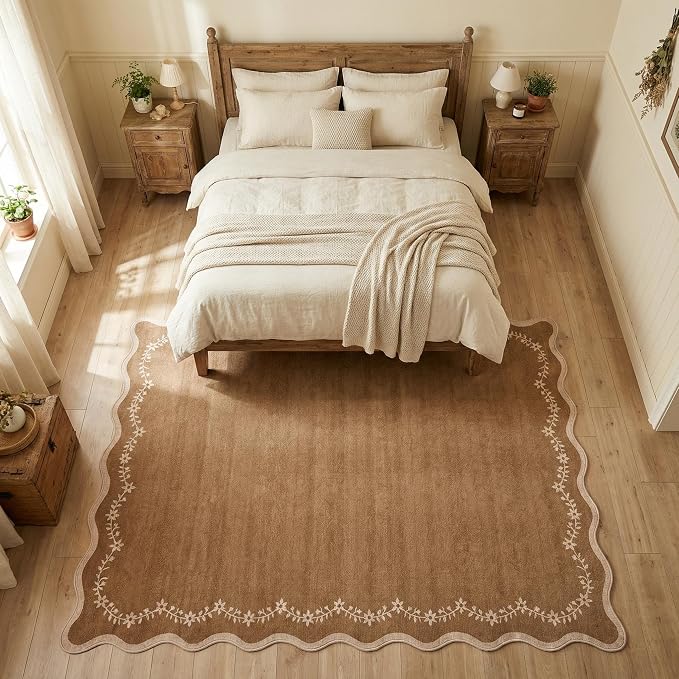 GarveeHome 5x7 Scalloped Area Rug Brown Washable Bedroom Living Room Rug | Soft - Image 2