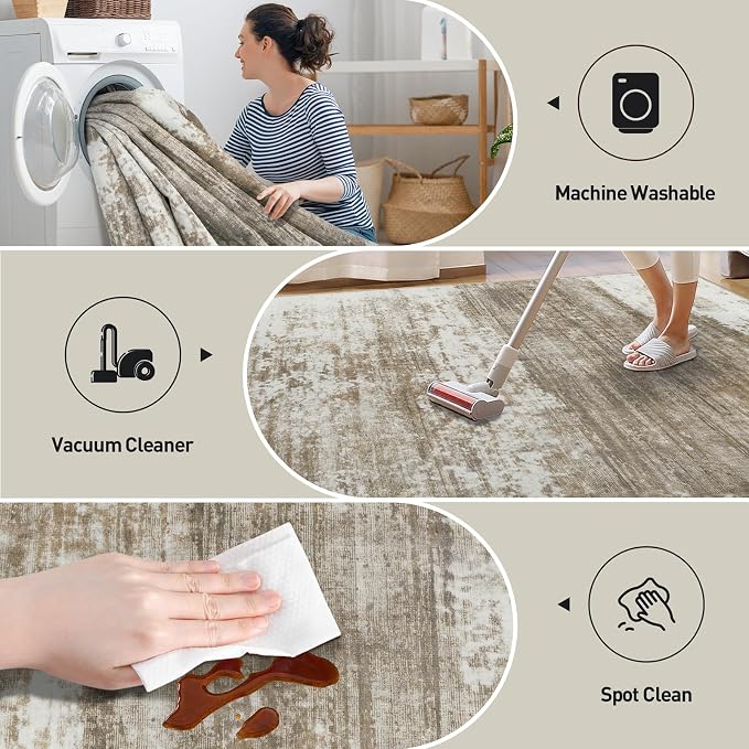 6x9 Area Rugs for Living Room: Washable Abstract Brown White Badroom Carpet | - Image 4