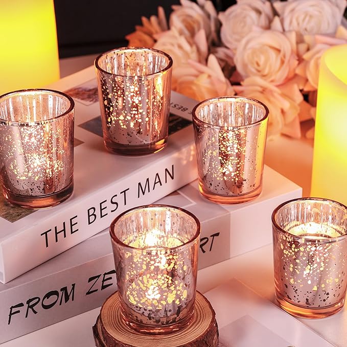 Votive Candle Holders Set of 24, Speckled Mercury Rose Gold Candle Holders for Wedding Centerpiece Table Decorations, Tealight Candle Holder for Party Bridal Shower Decor, Home Decor