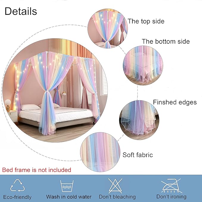 Akiky Canopy Bed Curtains with Lights 4 Corner Post Bed Canopy for Adults Girls, Rainbow Bed Drapes Netting-8 Panel Curtains,King