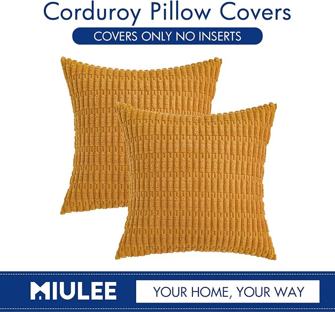 MIULEE Corduroy Decorative Throw Pillow Covers 18x18 Gold Yellow Pack of 2 | - Image 6