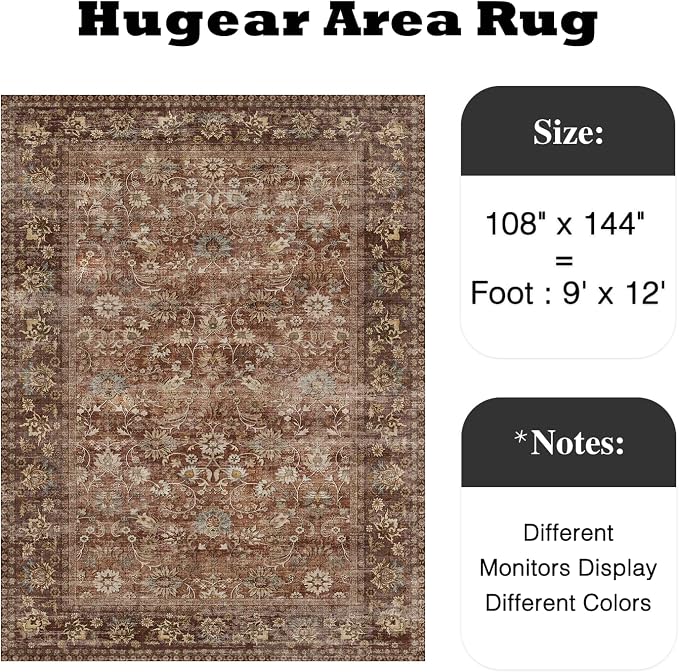 9x12 Brick Red Vintage Floral Washable Area Rug - Image 2