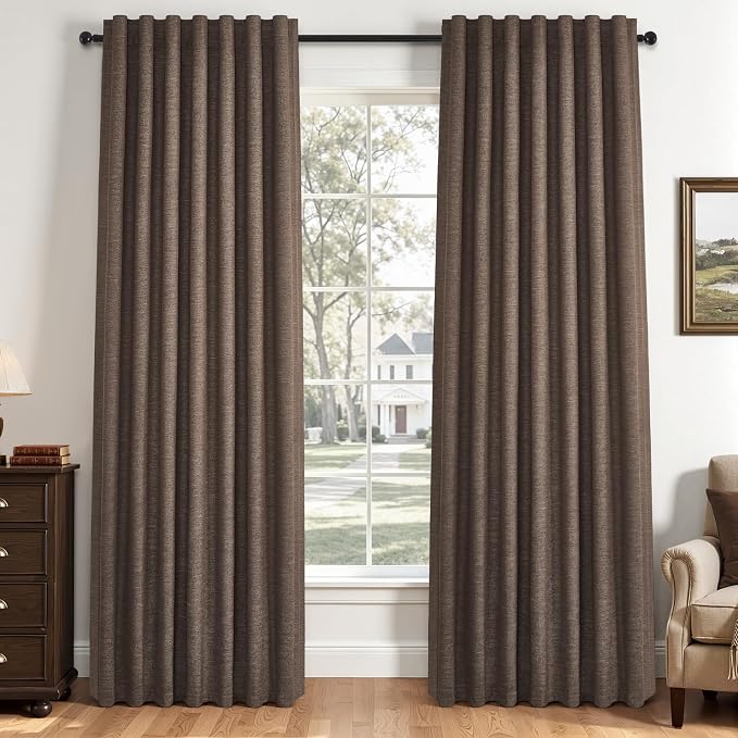 Topfinel Dark Brown 100% Blackout Linen Living Room Bedroom Curtains 84 Inch by Topfinel