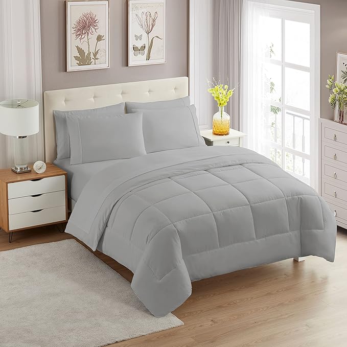 Sweet Home Collection 7 Piece Comforter Set Bag Solid Color All Season Soft Down Alternative Blanket & Luxurious Microfiber Bed Sheets, Silver, Twin XL