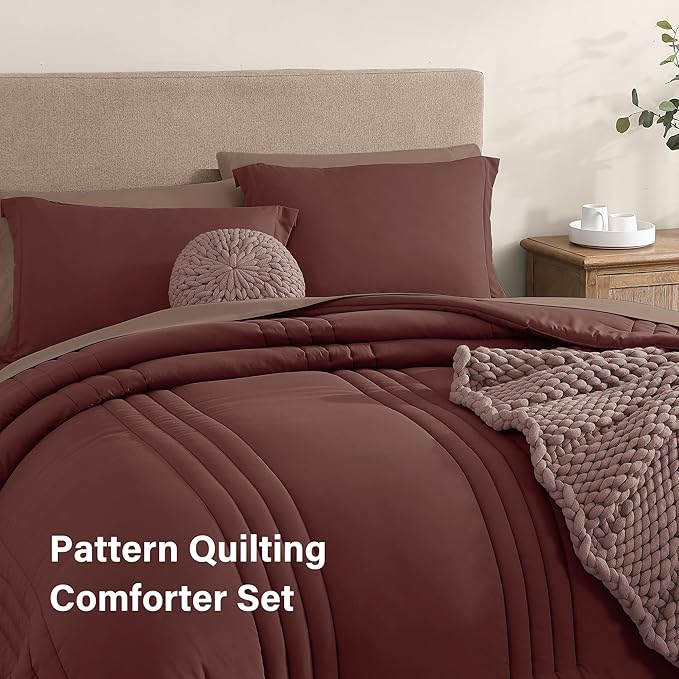 Monbix Full Comforter Set - 7 Pieces Dark Red Bed in a Bag Full Size Bedding Sets with Comforters, All Seasons Down Alternative Comforter with Sheets,Pillowcases & Shams