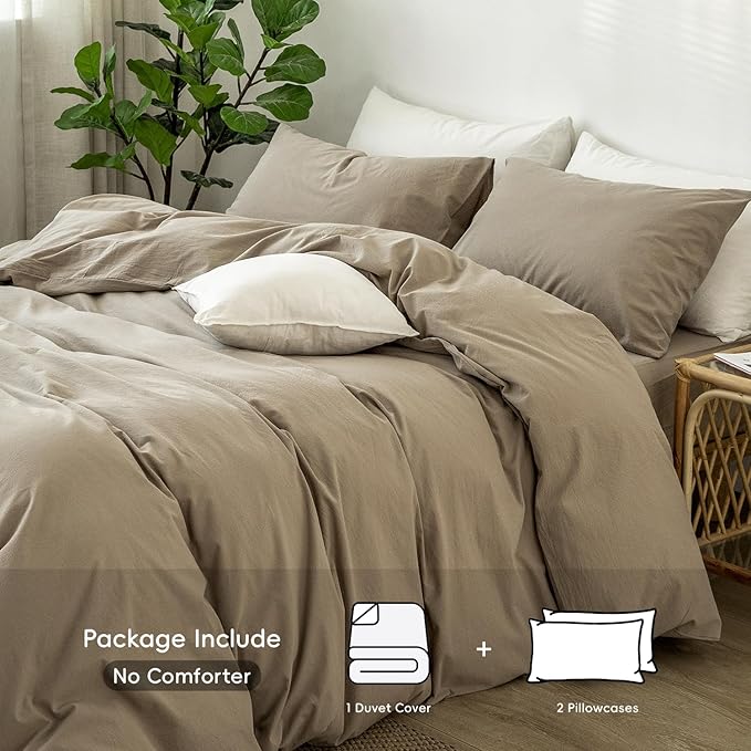 MooMee Bedding Duvet Cover Set 100% Washed Cotton Linen Like Textured Breathable Durable Soft Comfy (Solid Light Camel, Cal King 104"x98")