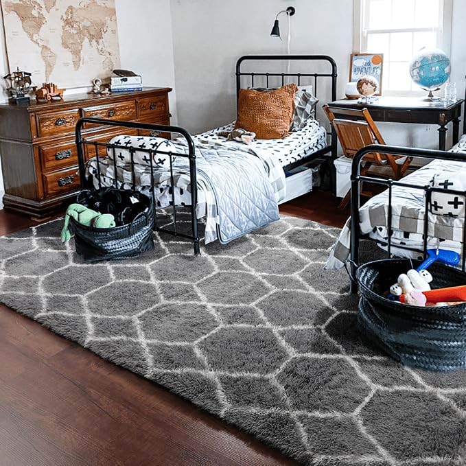 Area Rugs for Living Room, 5x8 Fluffy Grey and White Bedroom Geometric Rug | - Image 8