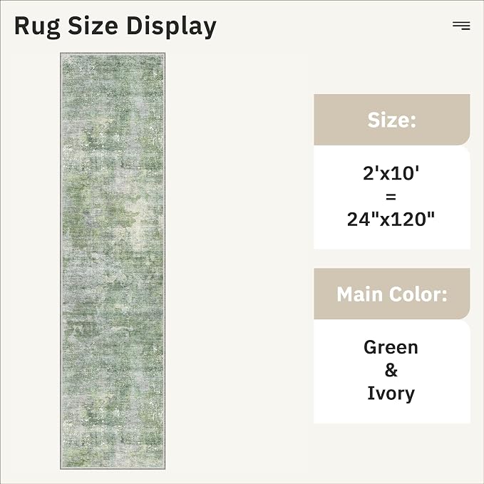 Soalmost Abstract Runner Rug 2x10 Hallway Kitchen Runners Green/Ivory | Vintage - Image 5