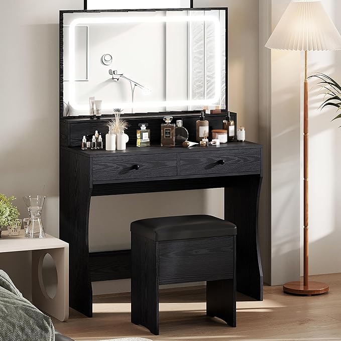 IRONCK Vanity Desk Set with LED Lighted Mirror & Power Outlet, Makeup Vanity Table with 4 Drawers,Storage Bench,for Bedroom, Bathroom, Black