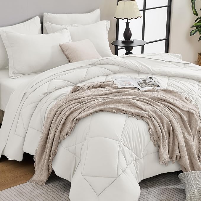 HEVUMYI Ivory Twin-XL Comforter Set - 5-Piece All Season Bed in a Bag Twin-XL, Ultra Soft Bedding Set with Comforter, Flat Sheet, Fitted Sheet, Pillowcases, Pillow Shams