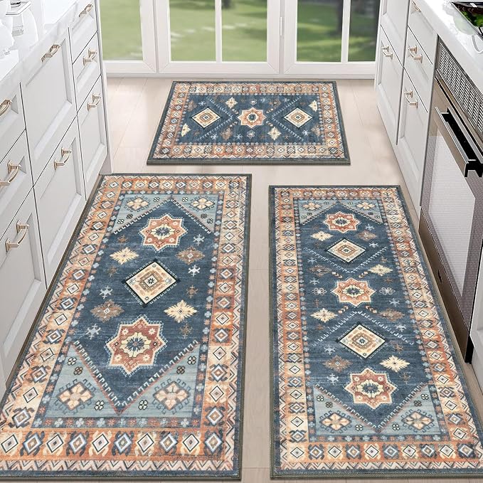 HEBE Boho Kitchen Rugs Set of 3, Non Slip Washable Kitchen Mats by HEBE