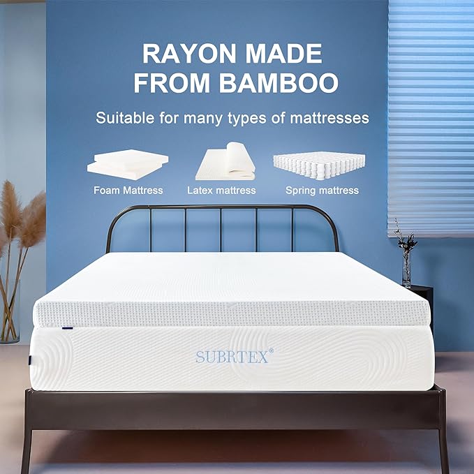 Subrtex 3 Inch Mattress Topper Cover (Only Cover) Mattress Topper Protector Bedding Rayon Made from Bamboo Removable Mattress Encasement with Zippers, Twin