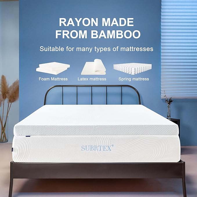 Subrtex 2 Inch Mattress Topper Cover (Only Cover) Mattress Topper Protector Bedding Rayon Made from Bamboo Removable Mattress Encasement with Zippers, CK