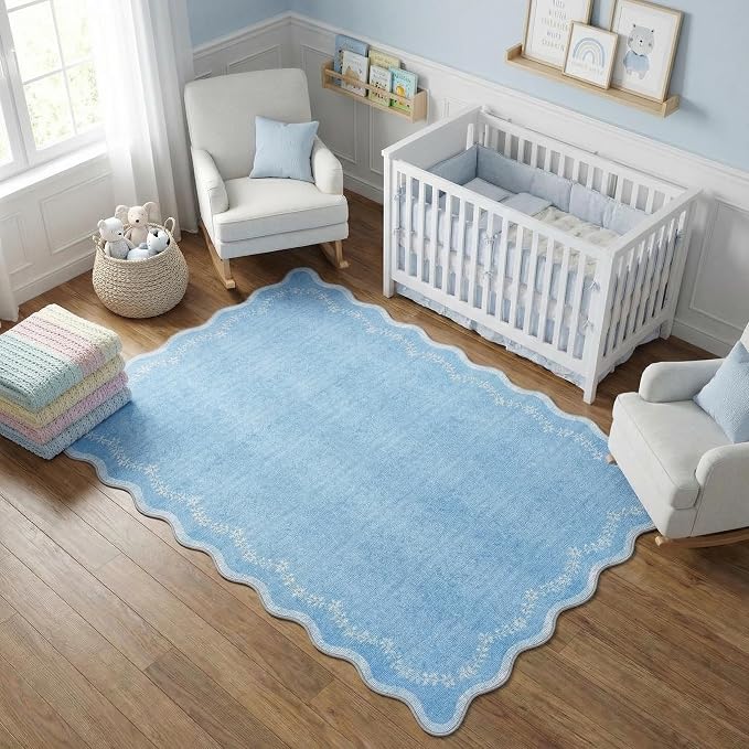 GarveeHome 4x6 Scalloped Washable Area Rug Blue Nursery Kids Bedroom Rug | Soft - Image 3
