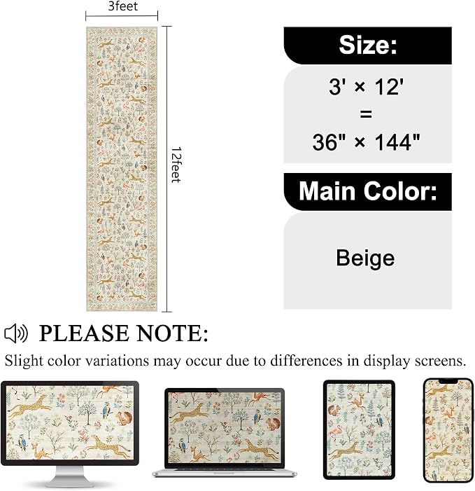 DUKINO 3x12 Runner Rug for Hallway, Washable Animal Rug for Kitchen, Low Pile - Image 2