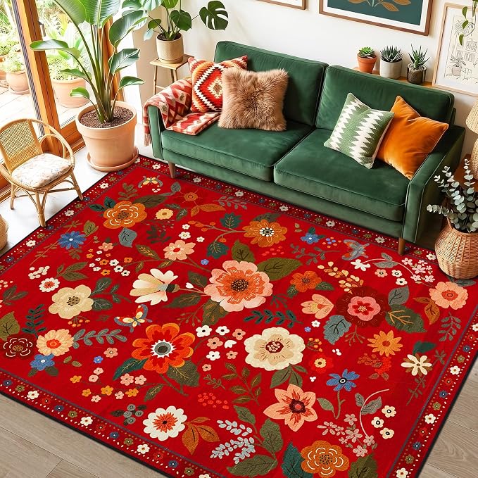 Floral Washable 5x7 Area Rugs Red/Orange | Flower Carpet Print Boho Cute Non by RELEANY