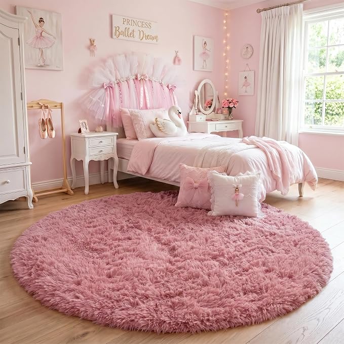 Amdrebio Blush Pink Circle Furry Area Rug 5Ft - Image 8