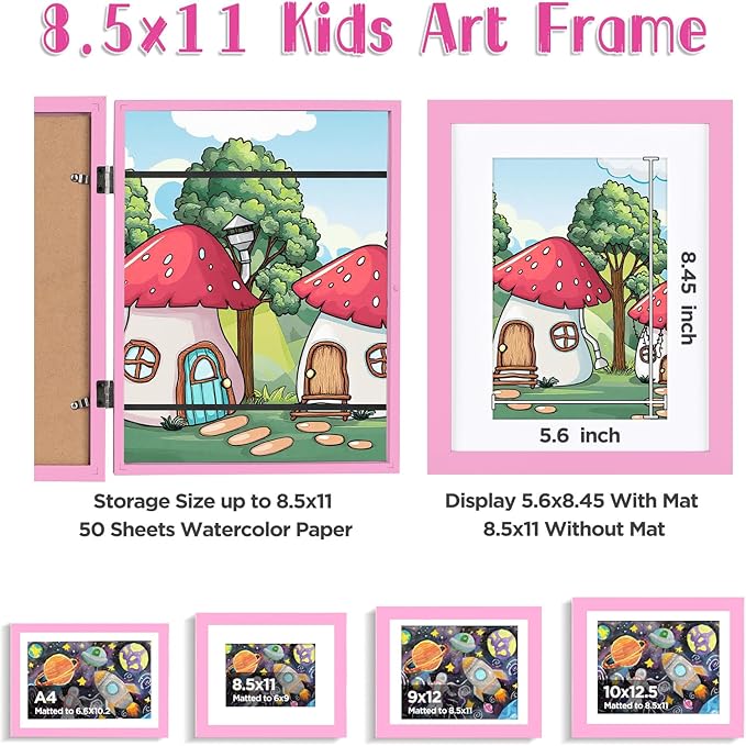KINLINK 8.5x11 Kids Art Frames Set of 2, Solid Wood Kids Artwork Frames Changeable with Acrylic Front Opening Holds 150 Pictures, Art Frame for Kids Artwork with Mat or without Mat, Pink
