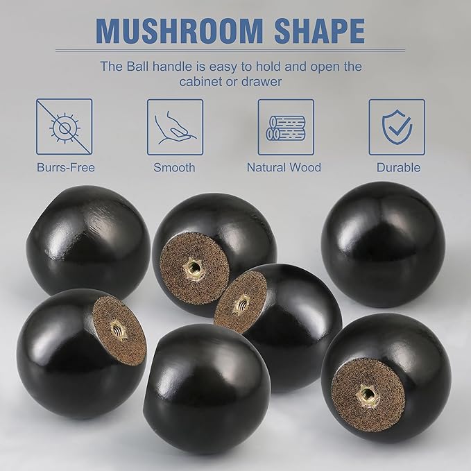 FoDau770 15pcs Black Wood Knobs, Round Ball Cabinet Knobs Vintage Drawer Pulls, Natural Wooden Cabinet Hardware for Furniture Drawer Dresser Wardrobe Cupboard - 1-1/2" Diameter