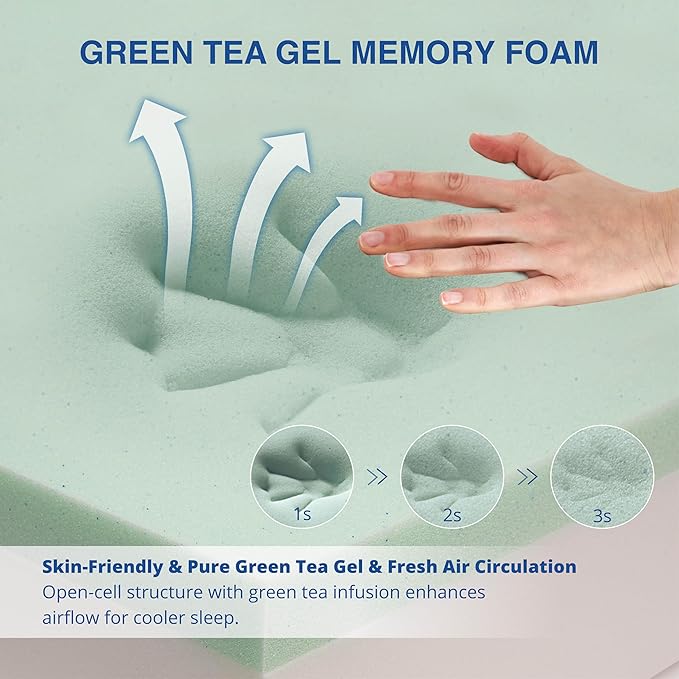 10 Inch Green Tea Memory Foam Mattress, Queen Memory Foam Mattress in a Box, Gel Infused Foam for Pressure Relief and Cool Sleep, CertiPUR-US Certified, Medium Firm