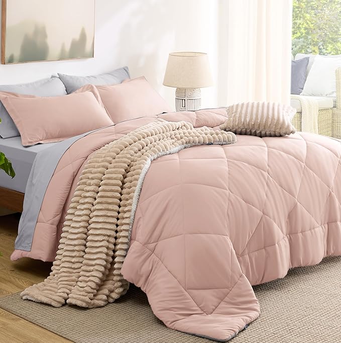 Bedsure Queen Comforter Set - 7 Pieces Reversible Blush Pink Bedding, Queen Size Bed Set for All Seasons, Bed in a Bag with Down Alternative Comforter, Sheets, Pillowcases & Shams