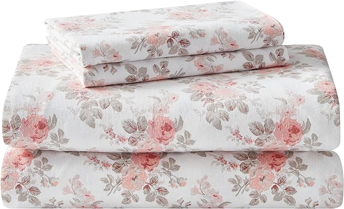 Laura Ashley - Flannel Sheets Queen Size, Anti-Pilling & Wrinkle Resistant Cotton, Touchably Soft for All-Season Comfort - Bed Sheets with Matching Pillowcases & Fitted Sheet (Lisalee Pink)